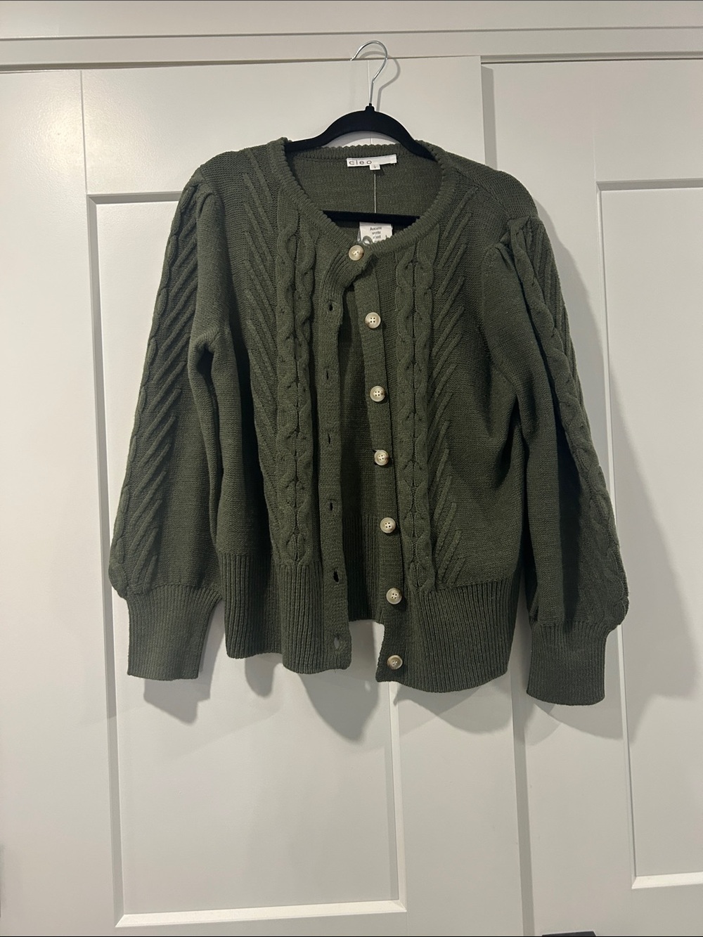 Olive Cable-Knit Button Cardigan Sweater - Cleo